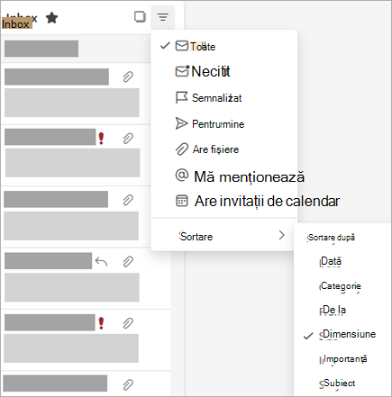 Captură de ecran cu meniul Filtrare cu Sortare după selectat