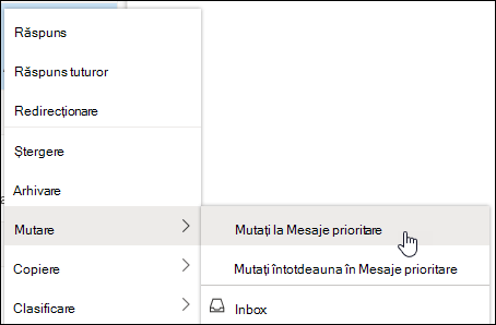 Captura de ecran afișează meniul contextual cu opțiunile Mutați în Mesaje prioritare și Mutați întotdeauna în Mesaje prioritare.