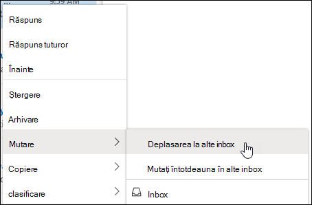 Captura de ecran afișează meniul contextual cu opțiunile Mutați în Alte inboxuri și Mutați întotdeauna în Alte inboxuri.
