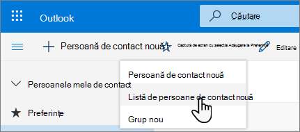 Captură de ecran a meniului Persoană de contact nouă, cu lista Persoane de contact nouă selectată