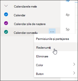 Captură de ecran a meniului contextual al calendarului cu opțiunea Redenumire selectată