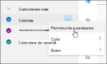 Captură de ecran a cursorului plutind peste Partajare și permisiuni în meniul contextual al calendarului