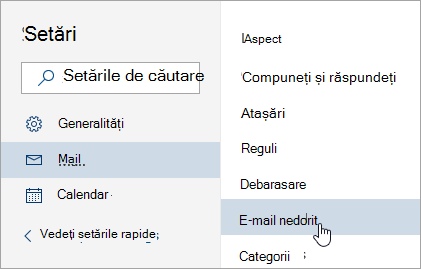 Captură de ecran a meniului Setări cu opțiunea E-mail nedorit selectată