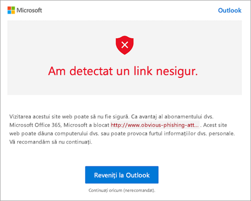 Captură de ecran a ecranului de avertizare pentru linkul nesigur