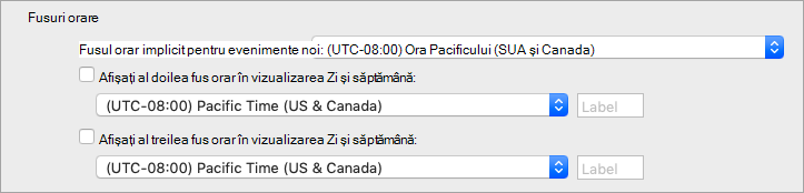 Afișează al doilea și al treilea fus orar în Preferințe Calendar