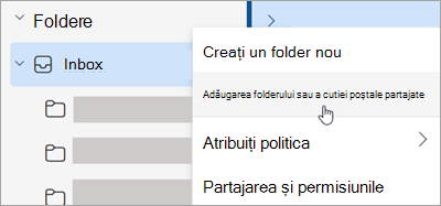 Captură de ecran afișând selecția Adăugați folderul partajat sau cutia poștală