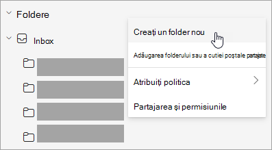 Captură de ecran cu opțiunea Creare folder nou selectată în meniul Mai multe opțiuni din panoul de foldere