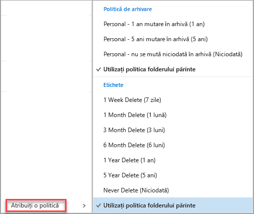 Faceți clic dreapta pe mesaj pentru a vedea opțiunile de politică de atribuire