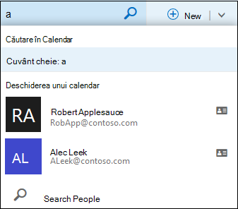 Lista de căutare din Calendar care apare atunci când tastați ceva în caseta Căutare din Calendar și se potrivește cu un nume din lista sau directorul dvs. de persoane de contact.