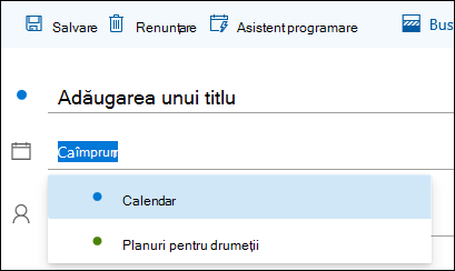 Captură de ecran cu numele calendarului în formularul cu detalii despre eveniment