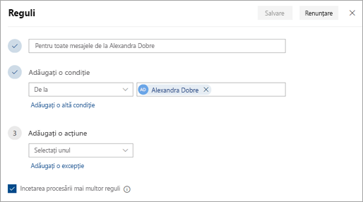 Captură de ecran a paginii cu setări pentru reguli