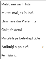 Captură de ecran care afișează meniul contextual sau de comenzi rapide care apare atunci când faceți clic dreapta pe inboxul Mail.
