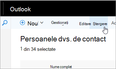 Captură de ecran a butonului Ștergere de sub bara de navigare din Outlook.