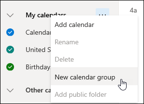 Captură de ecran a butonului Grup nou de calendare