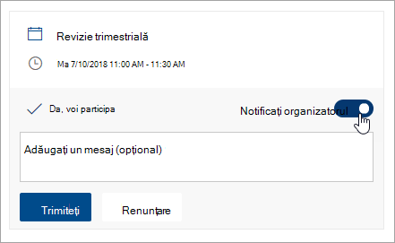 Captură de ecran a comutatorului Notificați organizatorul