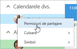 Captură de ecran a meniului contextual pentru calendarul dvs., cu permisiuni de partajare selectate.