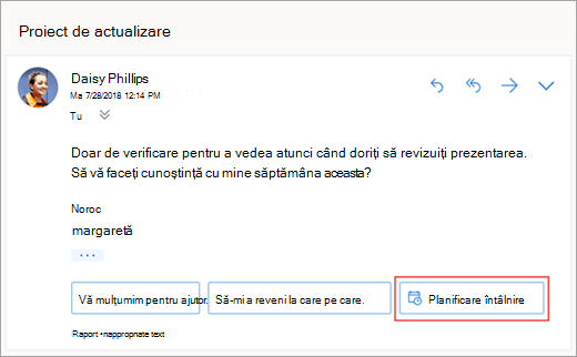 Captură de ecran a răspunsului sugerat pentru a programa o întâlnire
