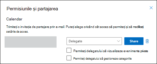 Fereastra Delegare permisiuni și partajare gestionare categorii