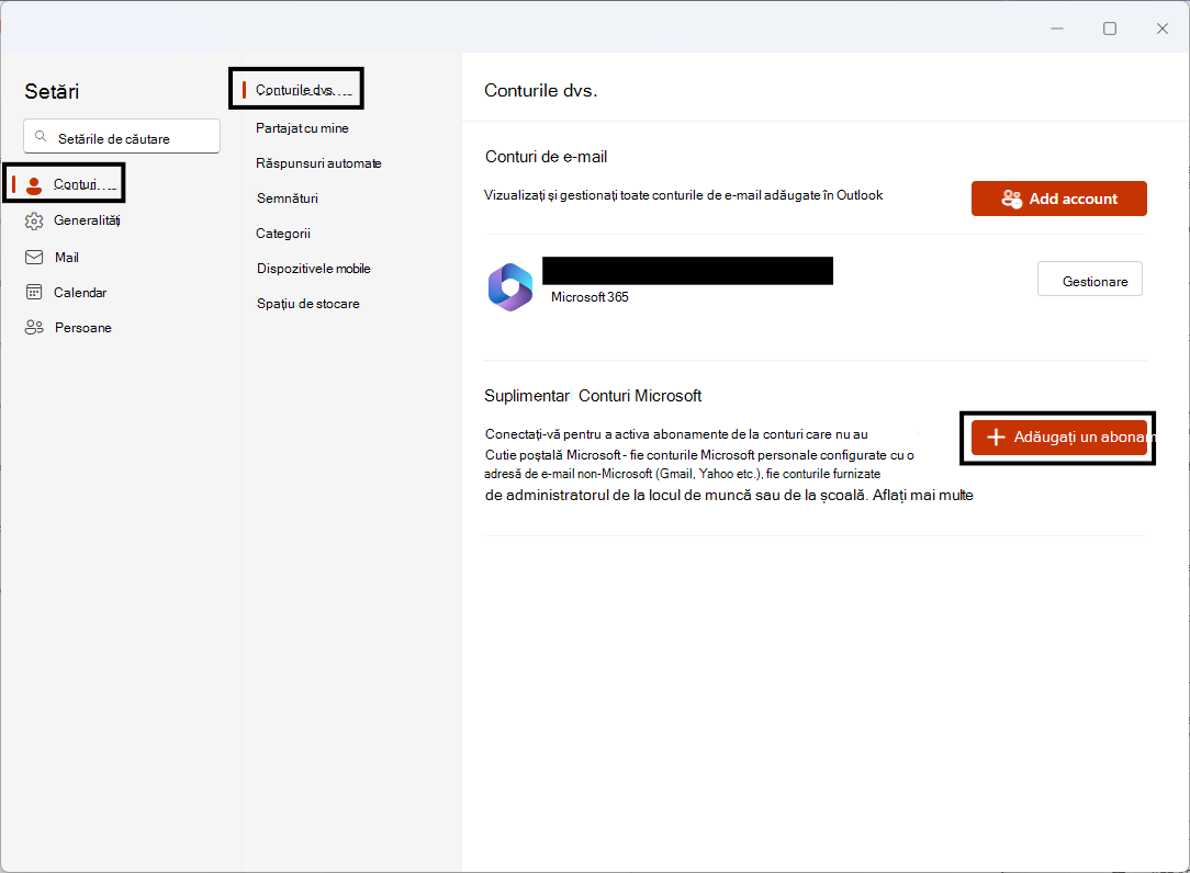 Adăugarea de conturi Microsoft suplimentare la pagina Conturi > Setările conturilor dvs.
