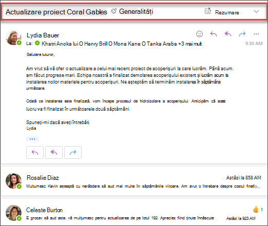 Faceți clic pe Rezumați pentru a obține un rezumat al firului de e-mail de la Copilot.