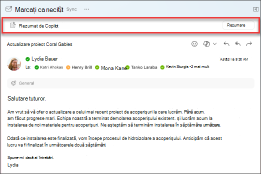 Selectați rezumare pentru Copilot pentru a crea un rezumat al unui fir de e-mail.