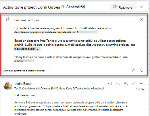 Rezumatul firului de e-mail cu citate create de Copilot.