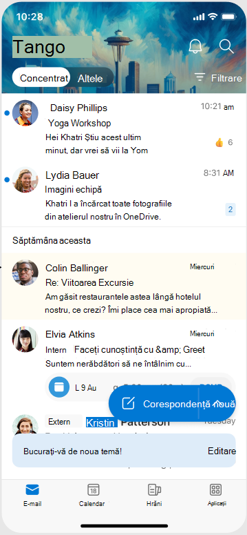 Un ecran care afișează aspectul unei teme atunci când este aplicată în Outlook Mobile