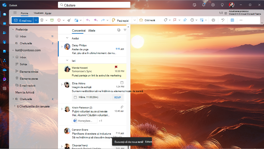Un ecran care afișează aspectul unei teme atunci când este aplicată în noul Outlook pentru Windows