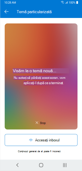 Un ecran afișând o generare a unei teme de la Copilot în Outlook Mobile