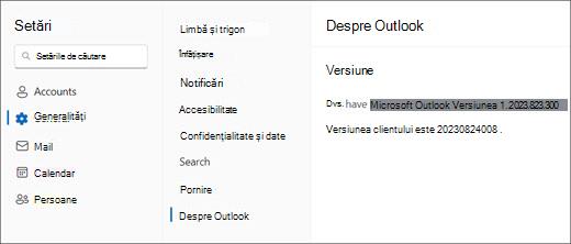 Imagine cu noile informații despre versiunea Outlook pentru Windows, cu opțiunile General și Despre Outlook evidențiate.