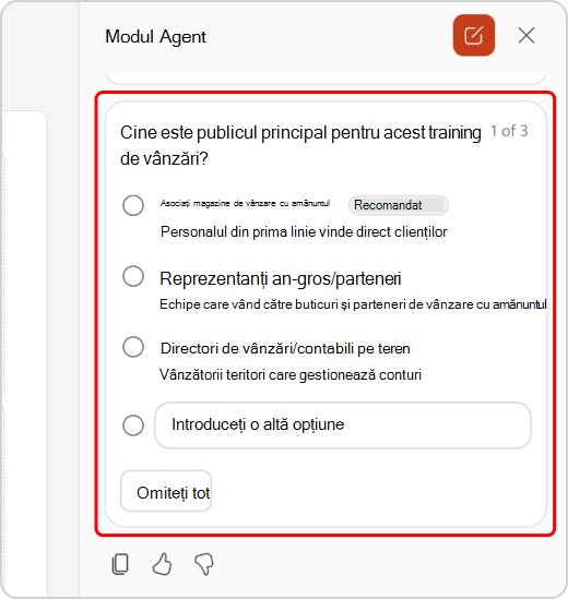 Clarificarea întrebărilor în chatul cu modul agent