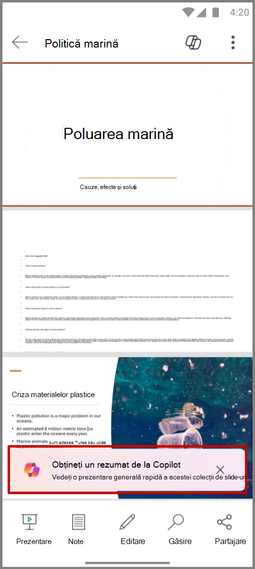 Captură de ecran cu Copilot în PowerPoint pe dispozitivul Android, cu solicitarea de obținere a rezumatului de la Copilot