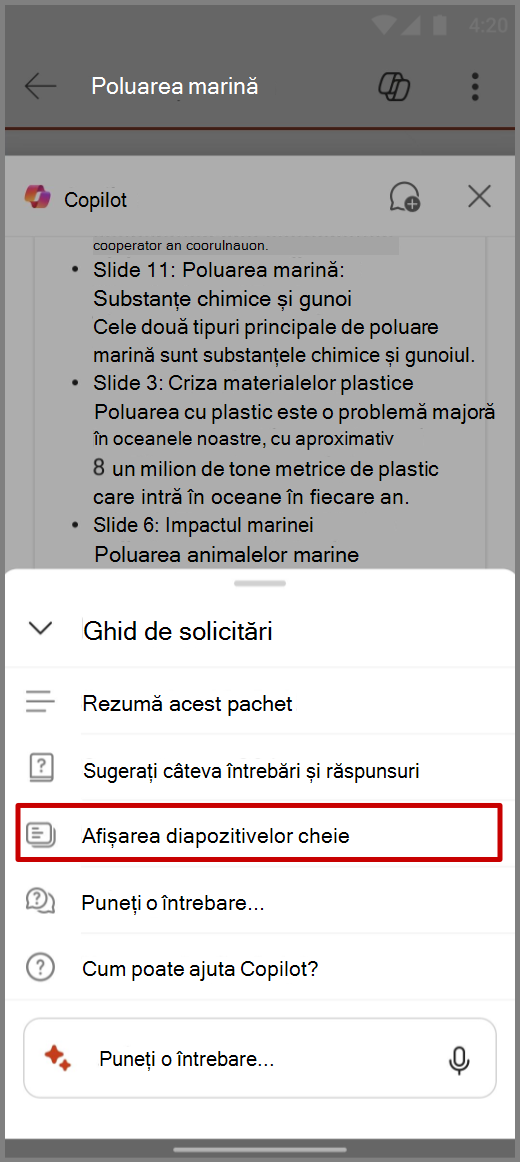 Captură de ecran cu Copilot în PowerPoint pe dispozitivul Android, cu solicitarea de afișare a diapozitivelor cheie