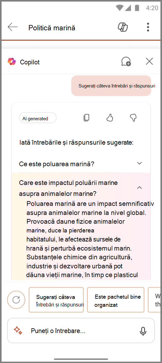 Captură de ecran cu Copilot în PowerPoint pe Android, cu rezultatele solicitării Sugerați câteva întrebări&Ca