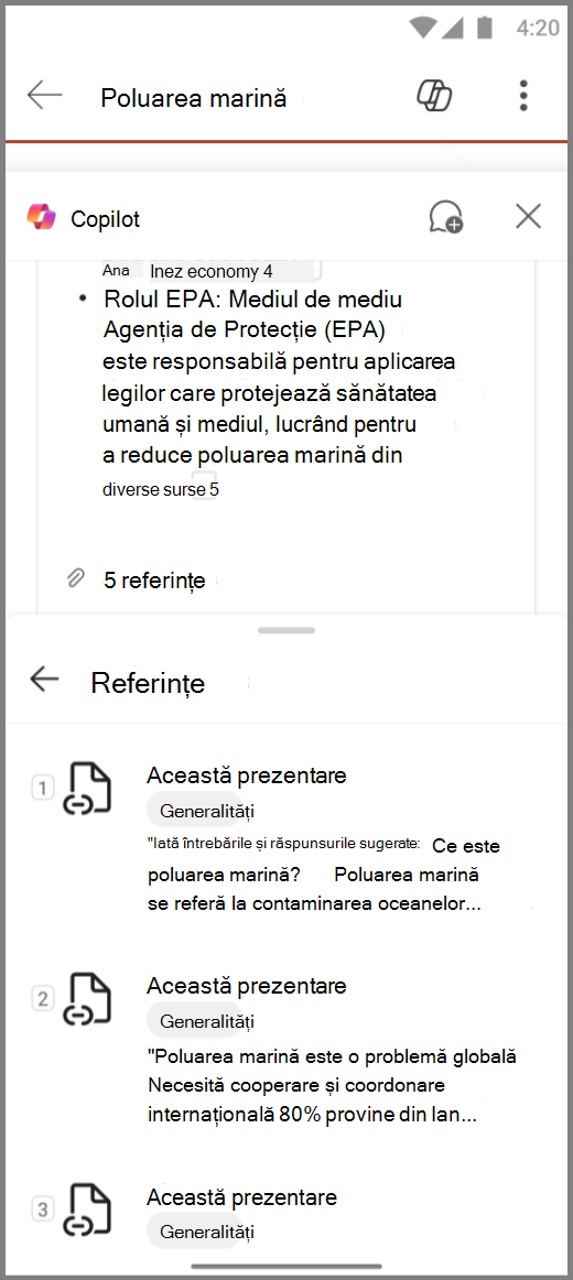 Captură de ecran cu Copilot în PowerPoint pe dispozitivul Android, cu referințe pentru rezumarea acestui răspuns de prezentare