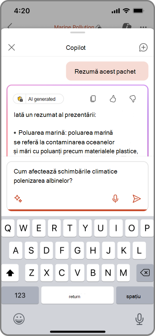Captură de ecran cu Copilot în PowerPoint pe dispozitivul iOS, cu o solicitare în caseta de compunere