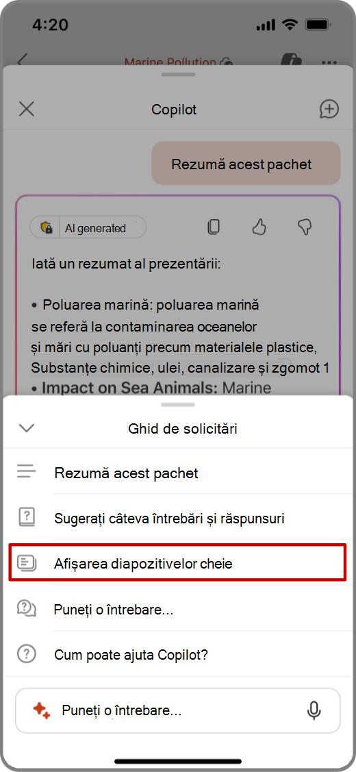 Captură de ecran cu Copilot în PowerPoint pe dispozitivul iOS, cu solicitarea de afișare a diapozitivelor cheie