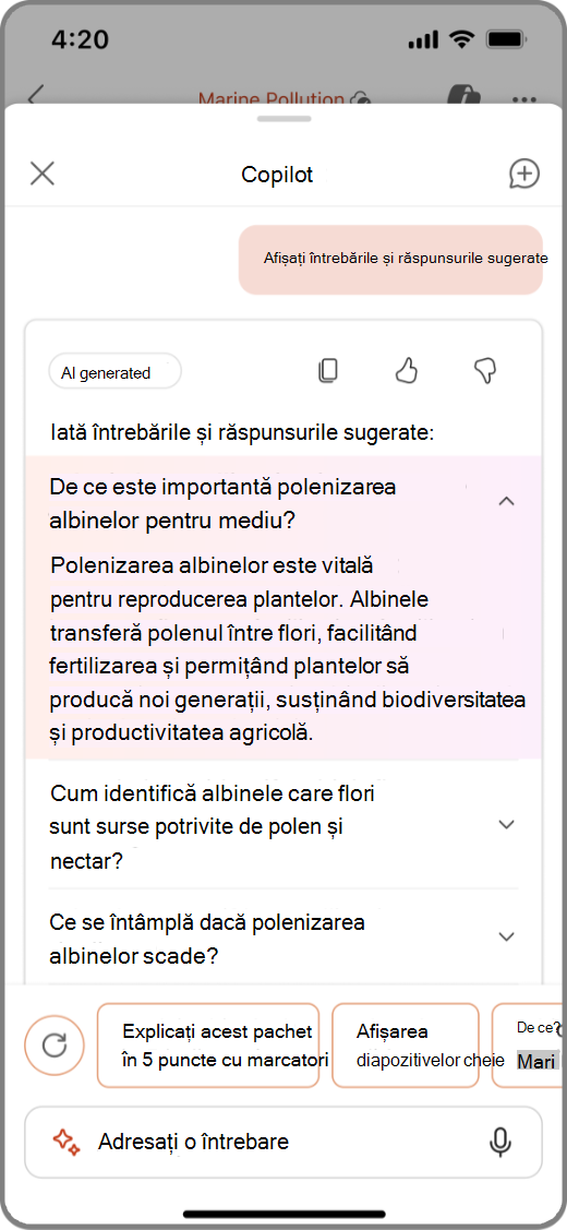 Captură de ecran cu Copilot în PowerPoint pe dispozitivul iOS, cu întrebări&sugerate