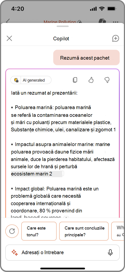 Captură de ecran cu Copilot în PowerPoint pe dispozitivul iOS, cu rezultatele rezumării acestei prezentări