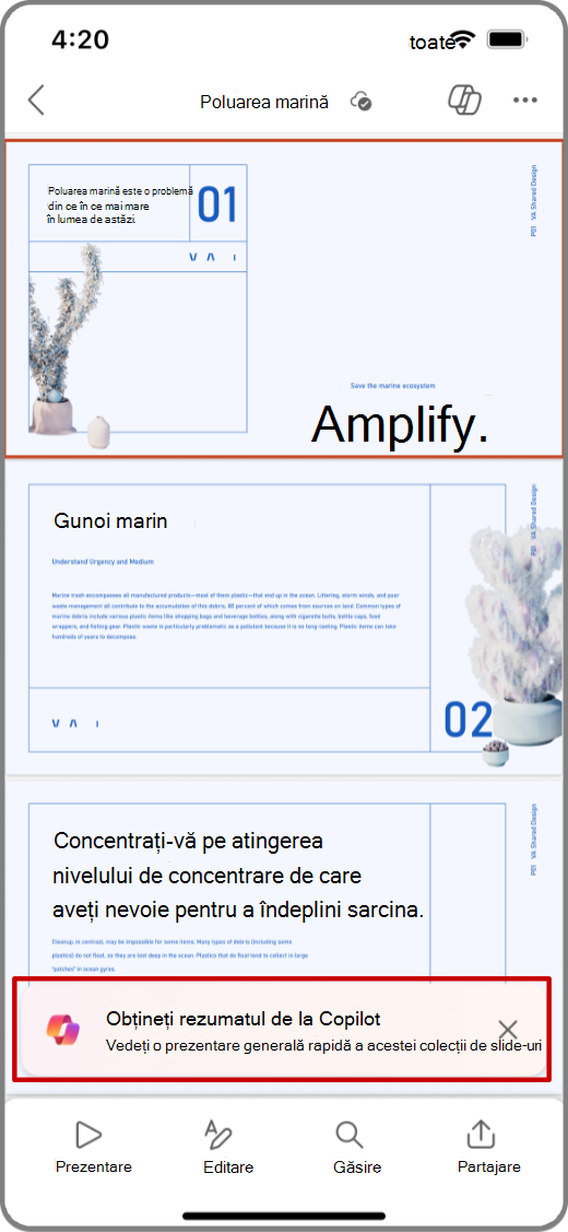 Captură de ecran cu Copilot în PowerPoint pe dispozitivul iOS, cu opțiunea Obțineți solicitarea rezumat evidențiată