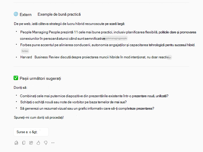 O captură de ecran a răspunsului lui Copilots la crearea unei prezentări, care afișează informații despre subiectul solicitat și întrebări de urmărire.
