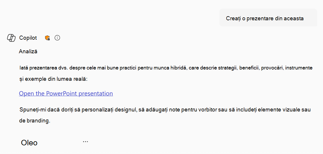 Captură de ecran cu M365 Copilot generând un PowerPoint și furnizând un link către utilizator.
