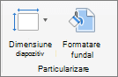 Captura de ecran arată grupul Particularizare cu opțiuni pentru Dimensiune diapozitiv și Formatare fundal.