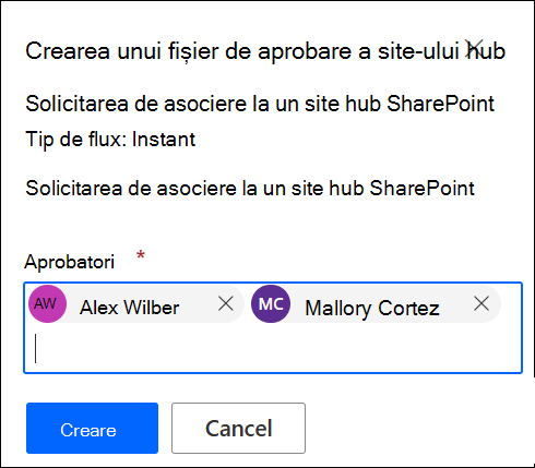 Captură de ecran cu adăugarea persoanelor care aprobă.