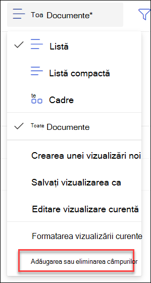 Captură de ecran cu Adăugarea, eliminarea câmpurilor