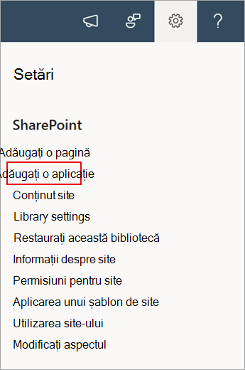 Captură de ecran afișând comanda Adăugare aplicație în SharePoint.