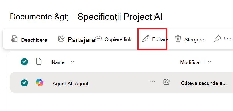 Captură de ecran afișând opțiunea de editare din meniul contextual al unui fișier agent.