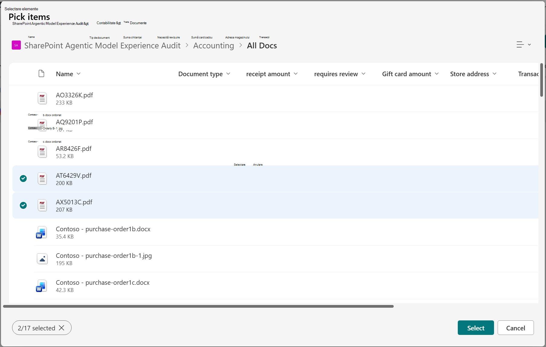 Captură de ecran a selectorului sursă pentru selectarea conținutului dintr-un site SharePoint.