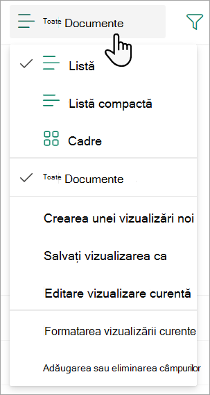 Captură de ecran afișând lista verticală pentru vizualizarea Toate documentele, utilizată pentru a modifica o vizualizare listă.