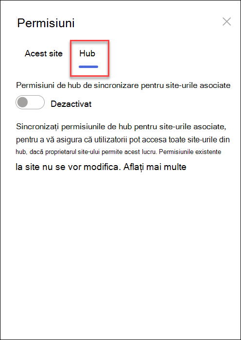 Captură de ecran cu activarea sincronizării permisiunilor pentru hub